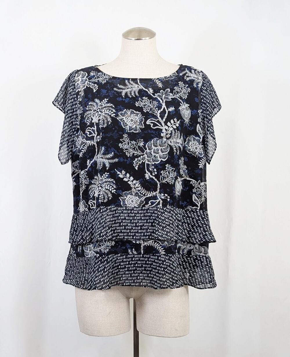 CAbi Top Reina Hybrid Black Blue Batik Floral Ruffled Tiered Women's Size L 5355